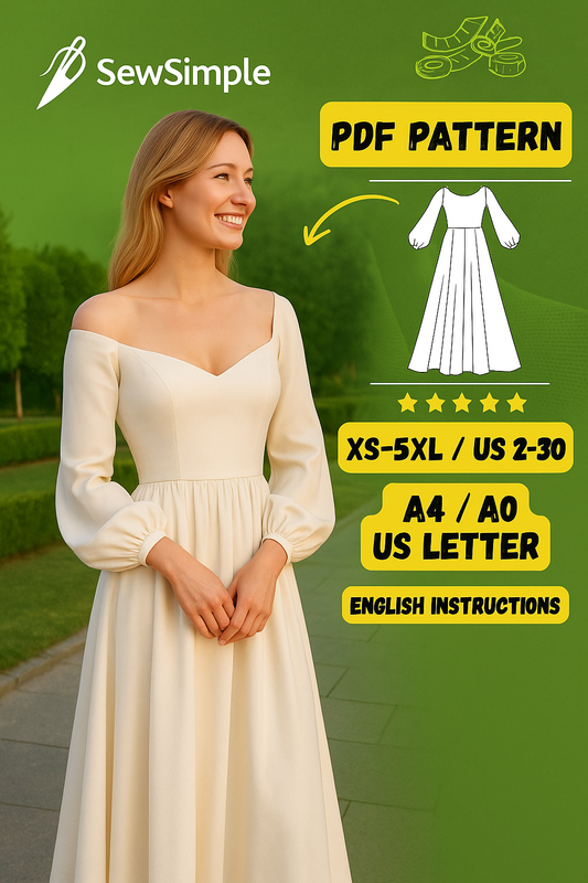 bishop sleeve dress pattern, off-shoulder dress pattern, sweetheart neckline dress pattern, V-neck dress pattern, wedding dress sewing pattern, PDF dress pattern, sewing pattern with bishop sleeves, sweetheart neck dress, formal dress pattern, elegant dress pattern, off-shoulder wedding dress, plus size wedding dress pattern, sewing tutorial for dresses, DIY wedding dress, bridal dress pattern, evening dress pattern, sewing pattern for formal dress, romantic dress pattern, PDF pattern for wedding dress, DIY